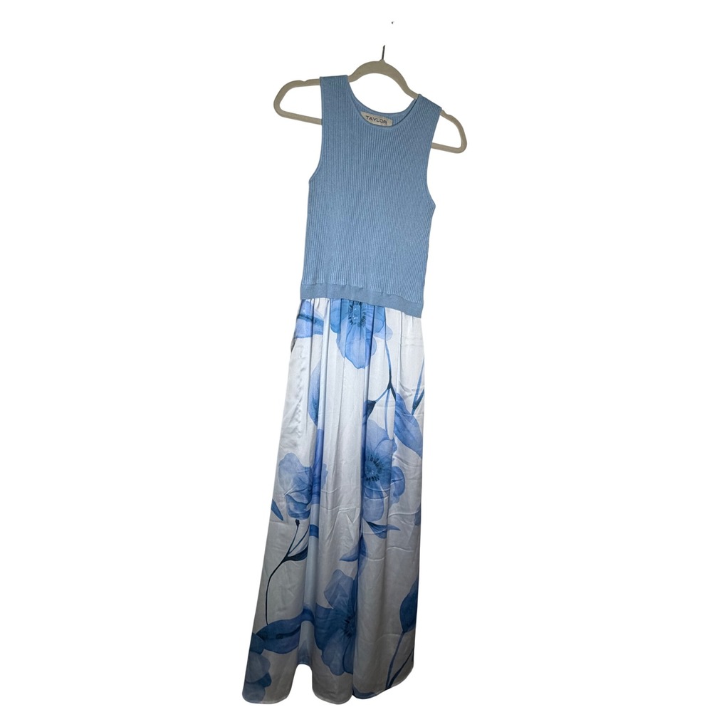 Taylor Women Blue Ribbed Knit Floral Satin Maxi Dress Sleeveless Size S